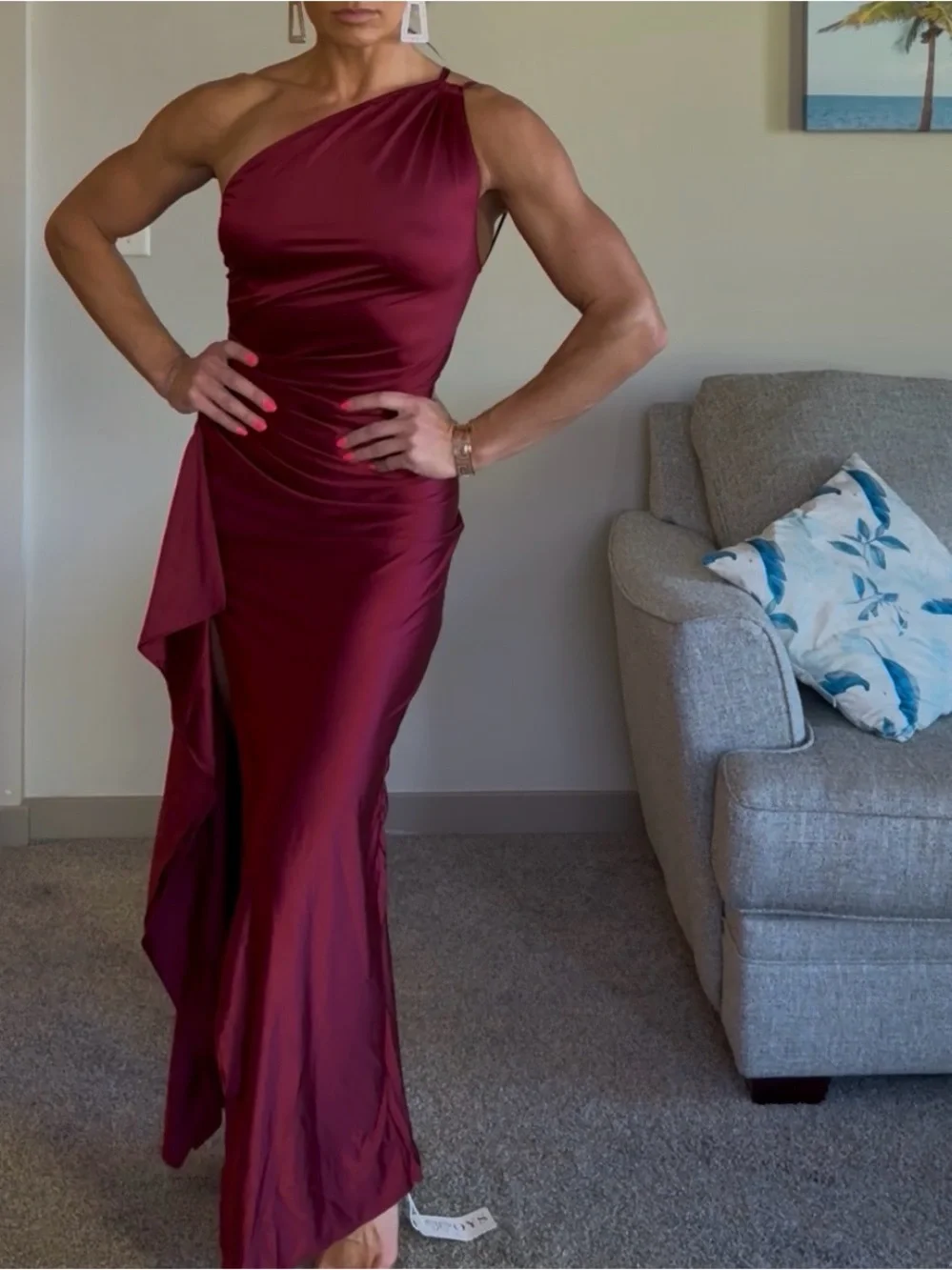 One-Shoulder Burgundy Satin Evening Dress